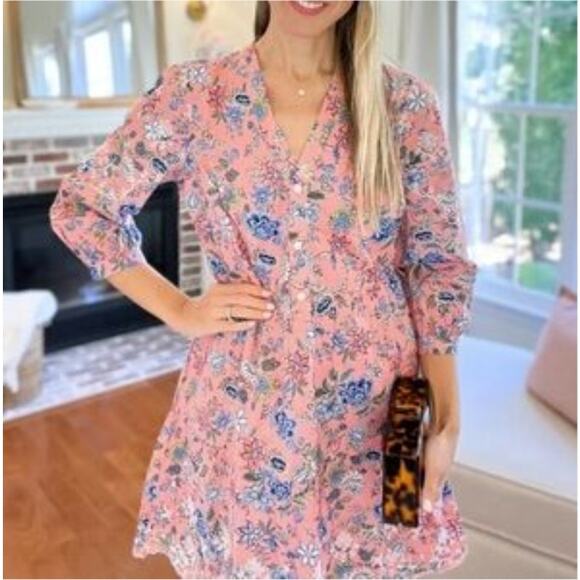 LOFT Floral Eyelet Dress Womens Size 16 Pink Blue Tiered Boho Cottage Swing XL - Picture 1 of 8